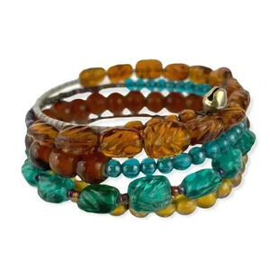 VTG Multi Lucite Carved Beaded Bangle Wired Wrap Bracelet Brown Blue Bell Chime